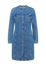 Rochie A-Shape Paola Alto Denim albastru mediu, față, nasturi pe toată lungimea și două buzunare cu clapetă