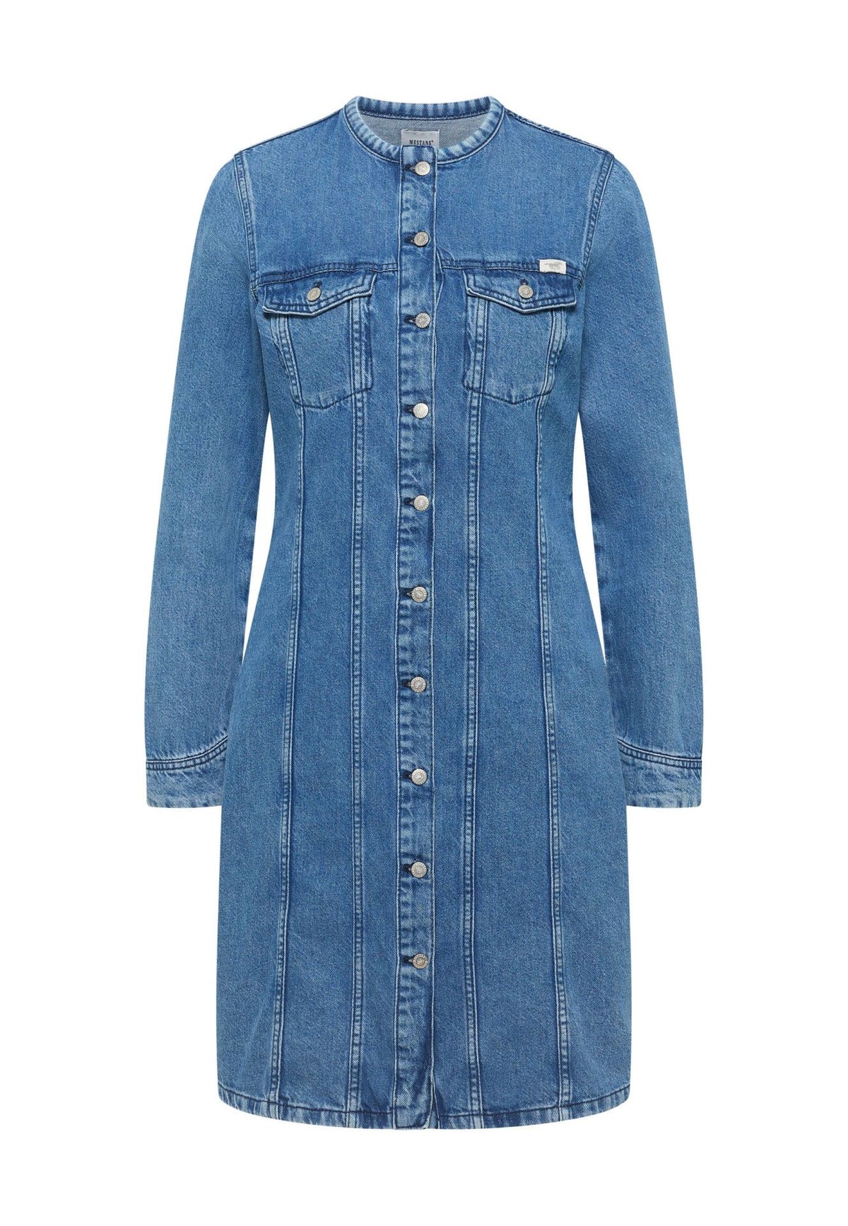 Rochie A-Shape Paola Alto Denim albastru mediu, față, nasturi pe toată lungimea și două buzunare cu clapetă