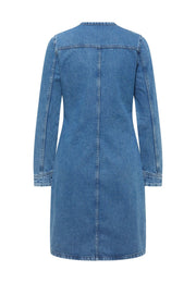 Rochie A-Shape Paola Alto Denim albastru mediu, spate, prezentare pe plat cu cusătură pe mijloc