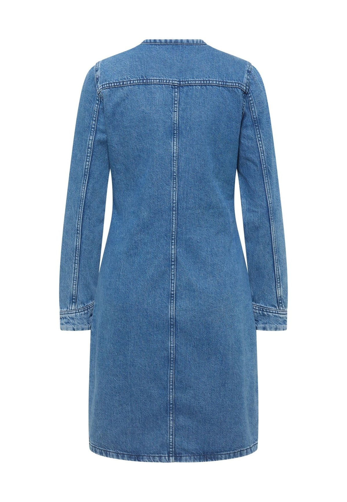 Rochie A-Shape Paola Alto Denim albastru mediu, spate, prezentare pe plat cu cusătură pe mijloc