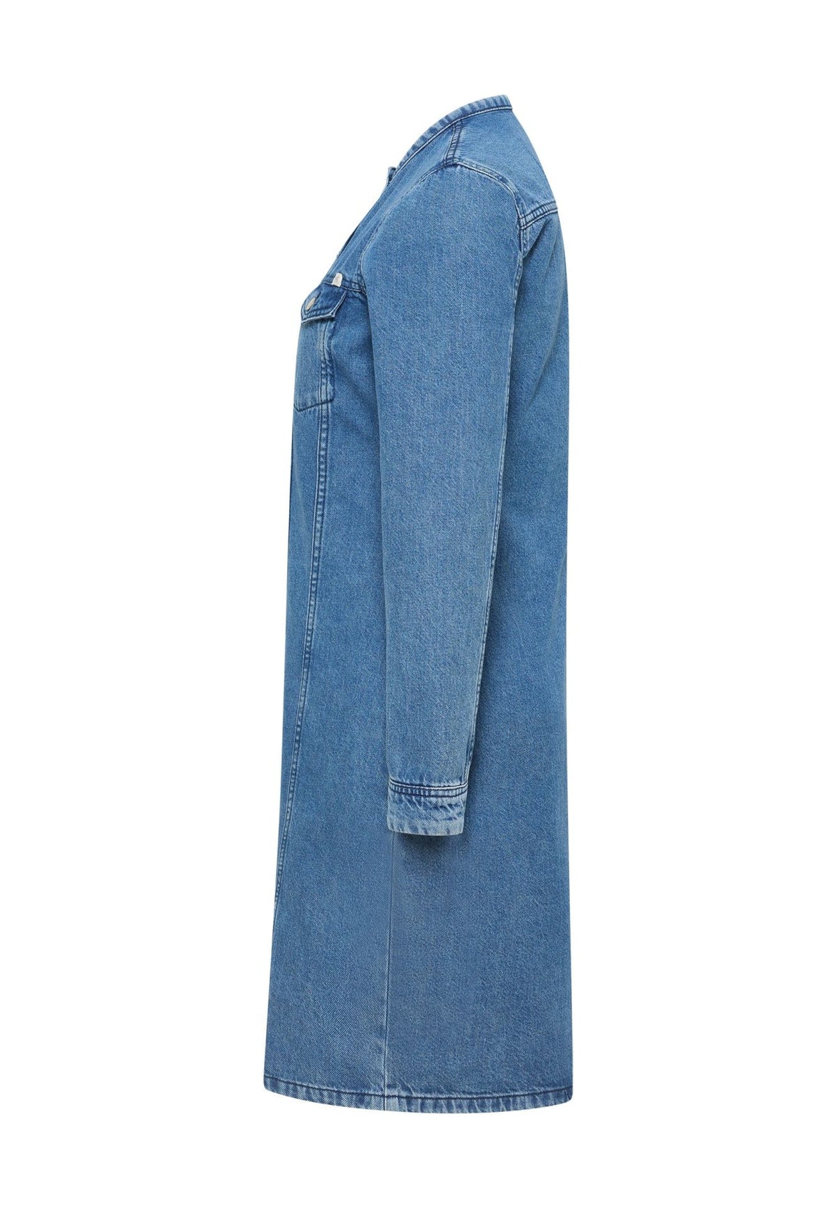 Rochie A-Shape Paola Alto Denim albastru mediu, lateral, croi evazat tip A și mânecă lungă cu manșetă