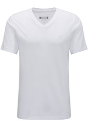 Tricou 2-Pack V-Neck alb, față, guler în V cu siglă Mustang brodată pe piept