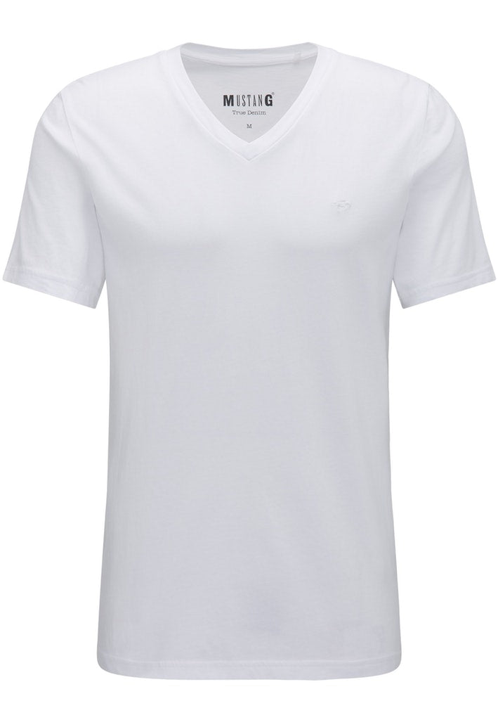Tricou 2-Pack V-Neck alb, față, guler în V cu siglă Mustang brodată pe piept