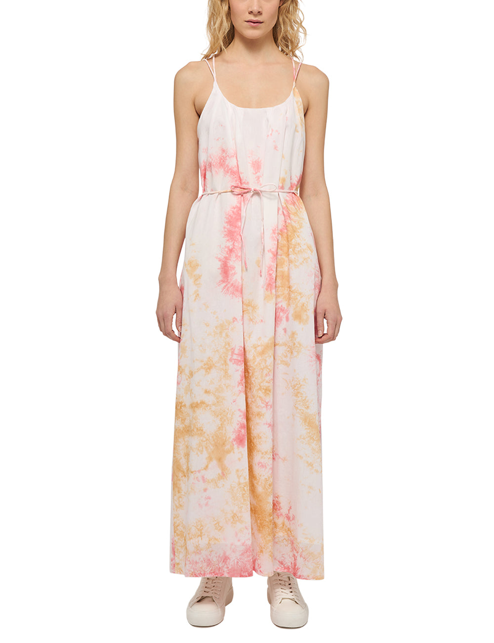 Rochie Fibi Batik roz cu portocaliu, față, pe model, bretele subțiri, cordon la talie