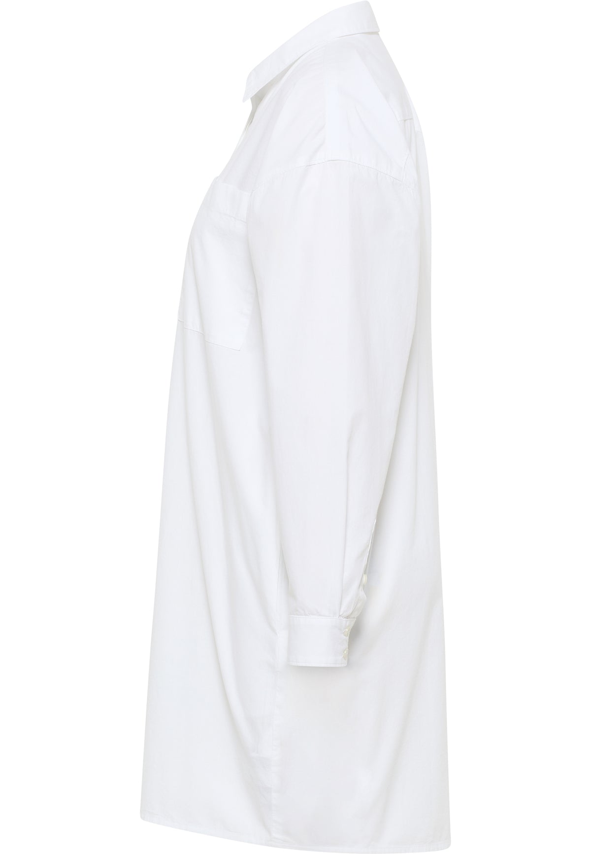 Rochie Fanny CO alb, lateral, manșetă cu nasture, tiv rotunjit mai lung pe lateral