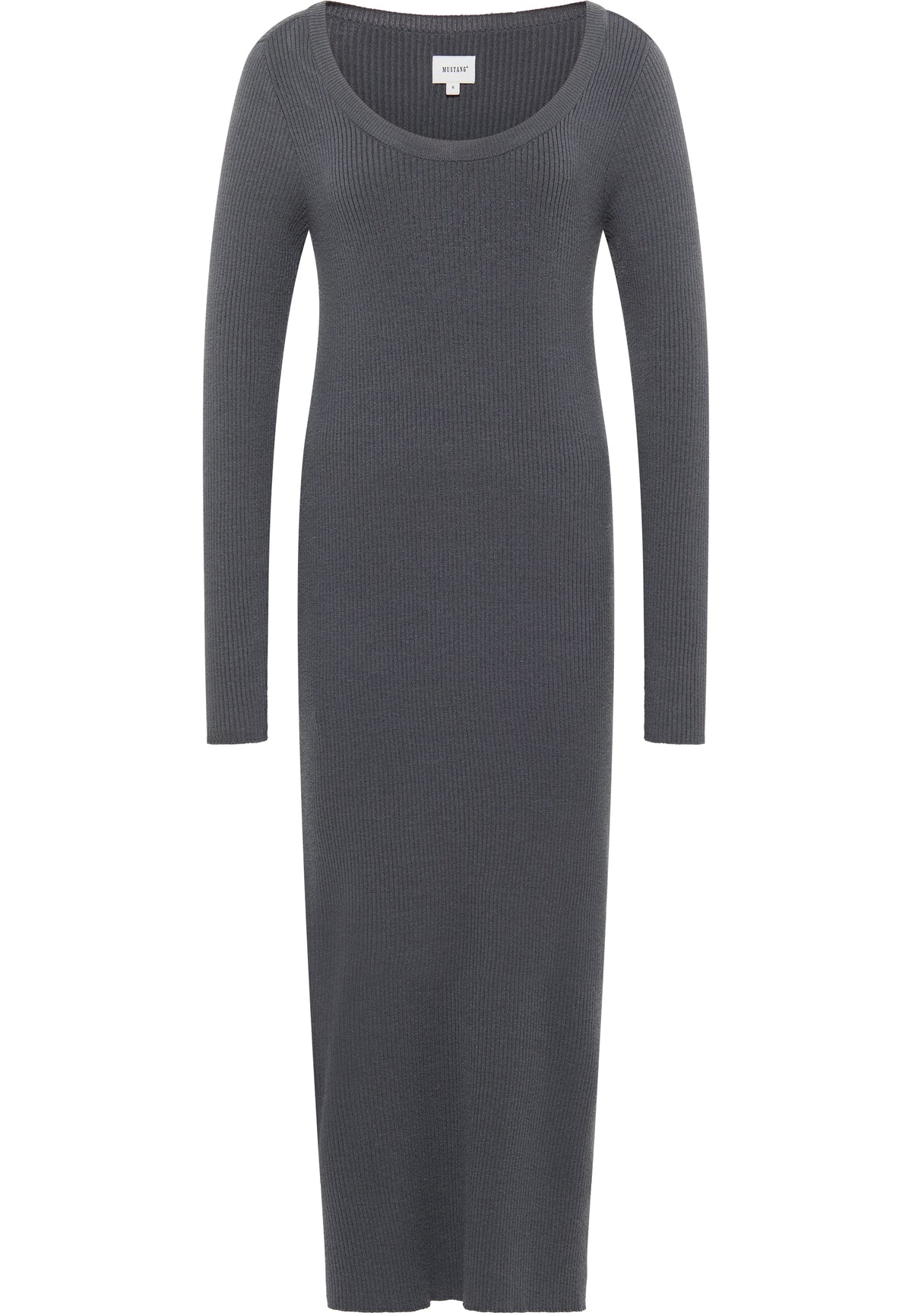 Rochie Slim Fanny Rib Knit gri, față, decolteu rotund adânc, tricot reiat, mâneci lungi