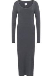Rochie Slim Fanny Rib Knit gri, față, decolteu rotund adânc, tricot reiat, mâneci lungi