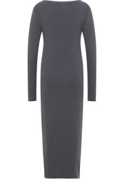 Rochie Slim Fanny Rib Knit gri, spate, croi mulat, tricot reiat pe toată lungimea