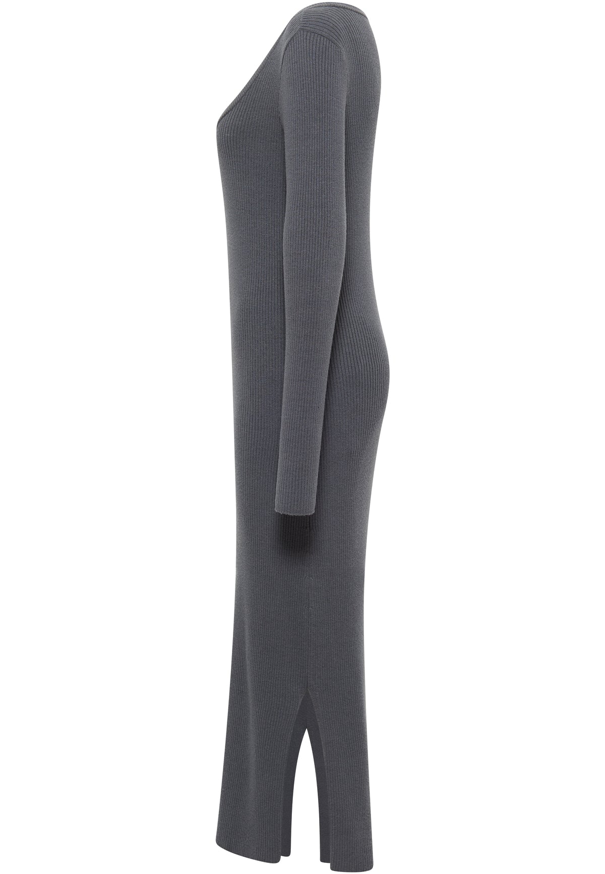Rochie Slim Fanny Rib Knit gri, lateral, crăpătură scurtă la tiv, croi mulat