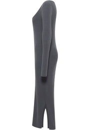 Rochie Slim Fanny Rib Knit gri, lateral, crăpătură scurtă la tiv, croi mulat
