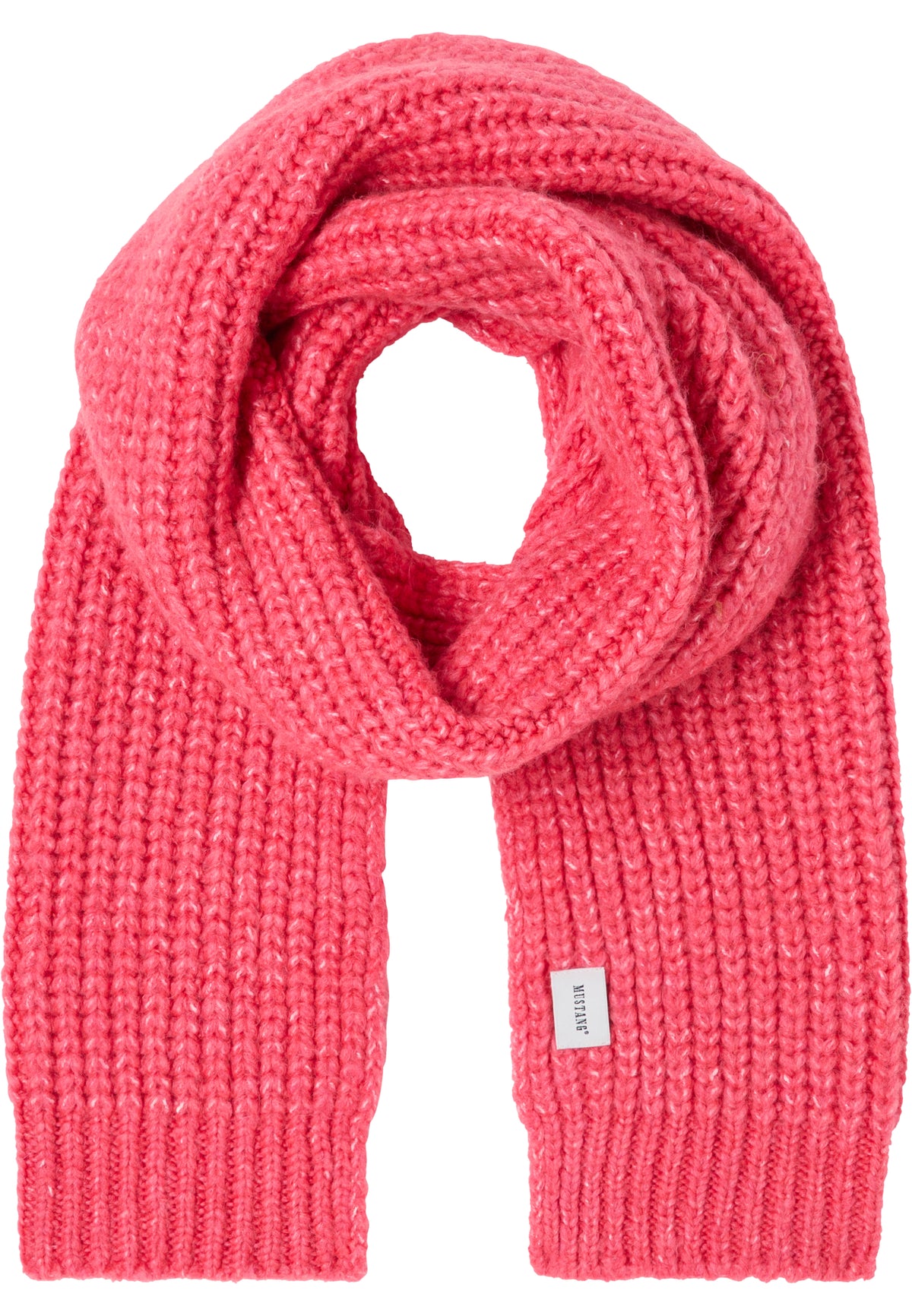 Eșarfă Ines Chunky Knit roz-corai, înfășurată în buclă, tricot gros cu striuri late, eticheta Mustang la bază
