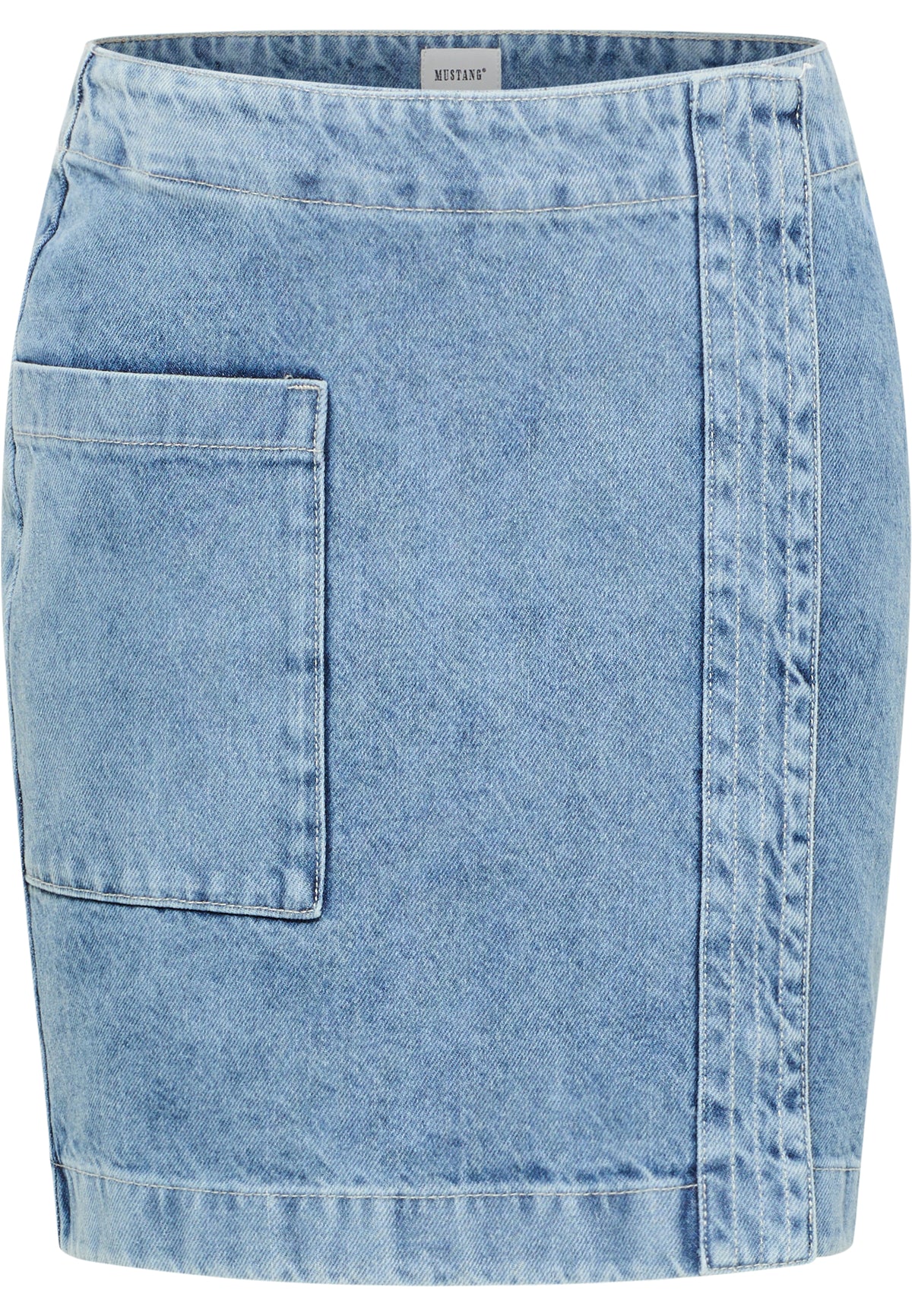 Fustă Lucile Denim albastru deschis, față, buzunar aplicat în stânga, cusătură verticală, spălăcire pronunțată