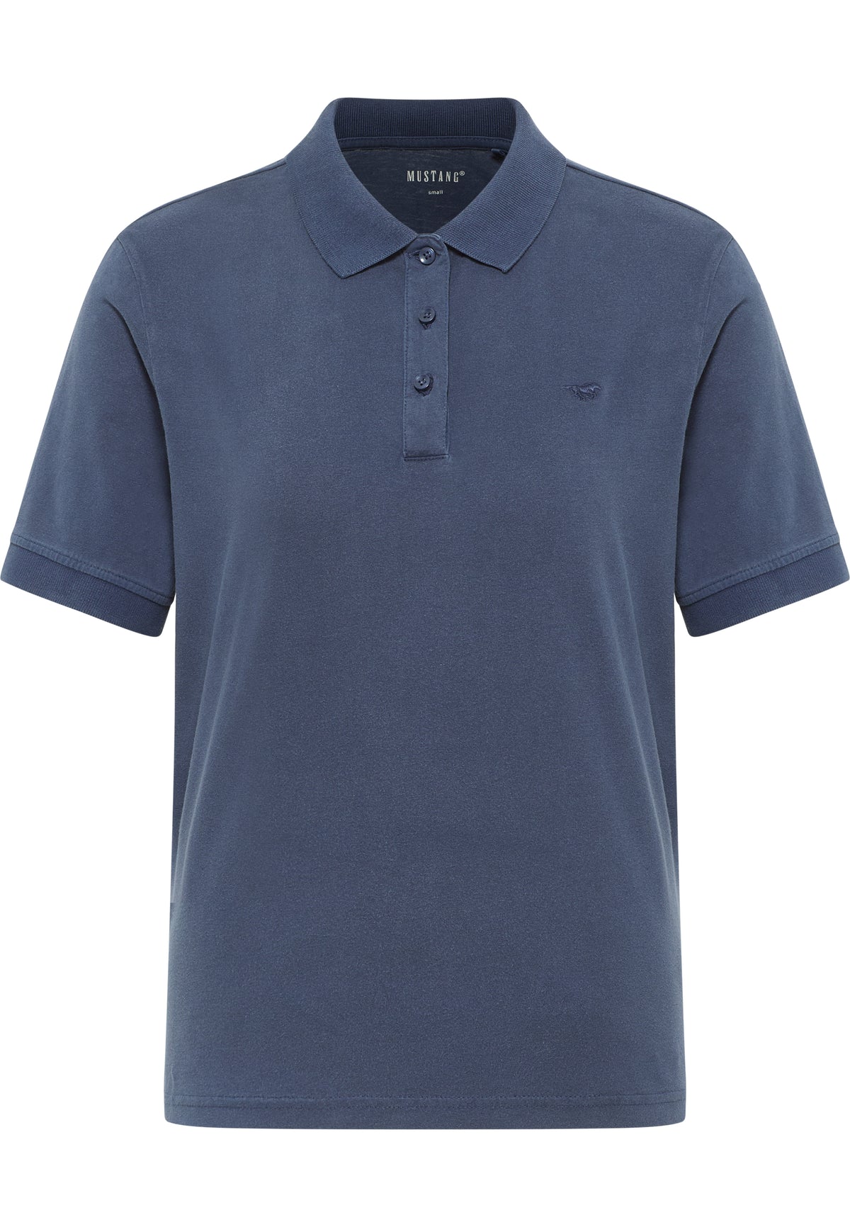 Tricou Corinne albastru-gri, față, guler tip polo cu nasturi și broderie mică cu siglă pe piept