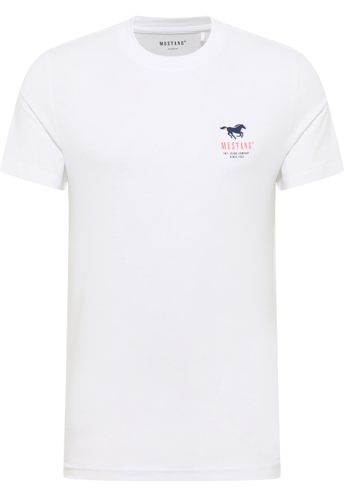 Tricou Austin alb, față, siglă mică pe piept cu cal alergând și textul „Mustang, Int. Jeans Company Since 1932”