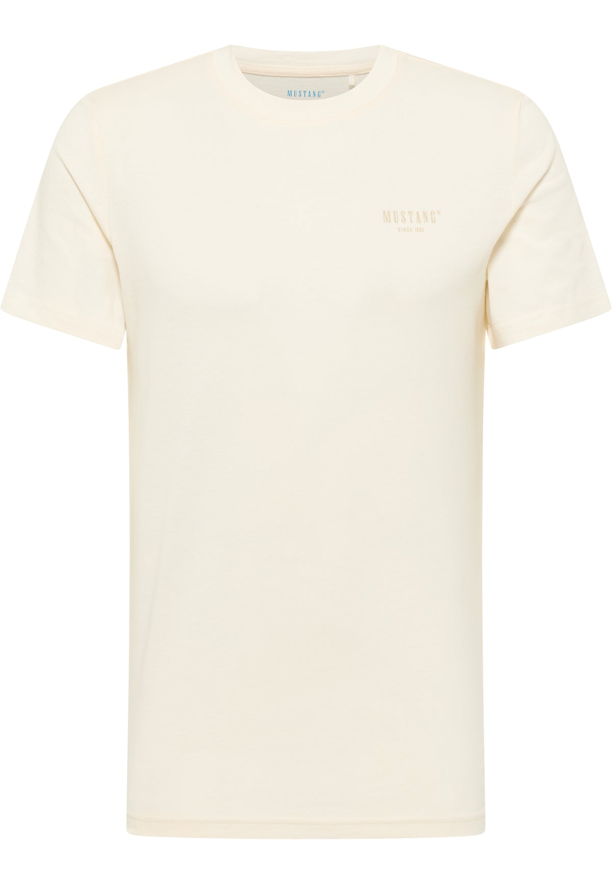 Tricou Austin alb crem, față, așezat plat, imprimeu mic cu Mustang since 1932 pe piept