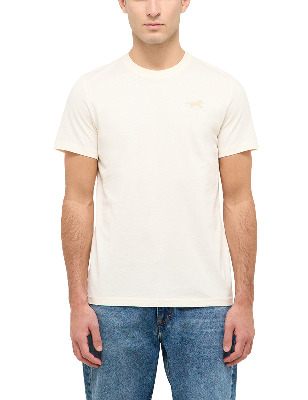 Tricou Austin alb șters, față, purtat pe model