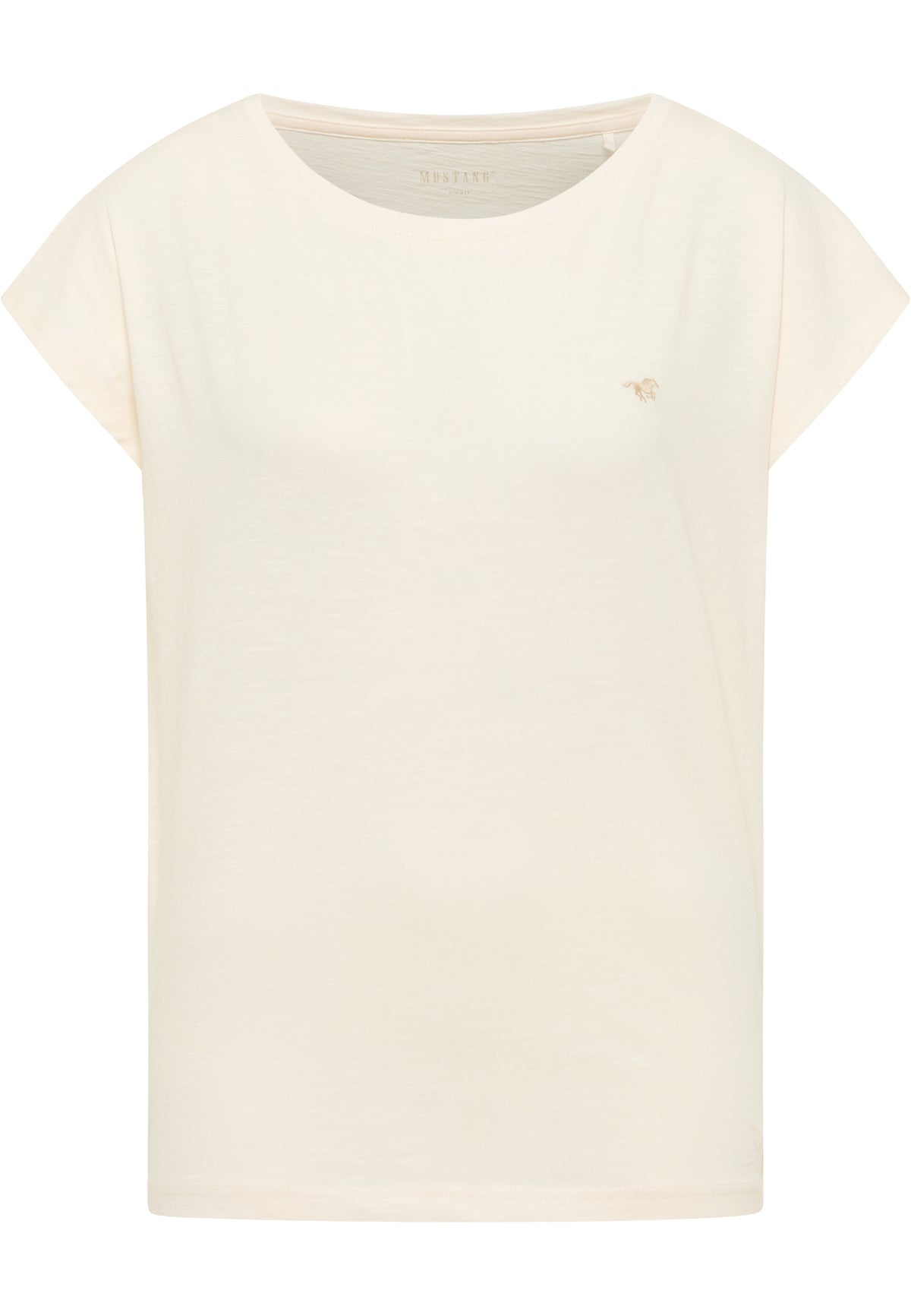Tricou Relaxed Lesley alb-ivoriu, față, siglă mică brodată pe piept, decolteu rotund larg