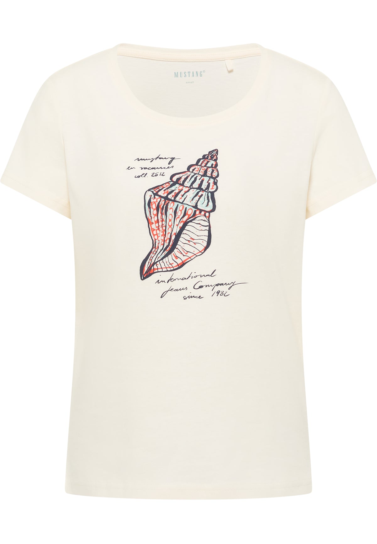 Tricou Alma alb crem, față, imprimeu mare cu cochilie stilizată și textul „Mustang en vacances”