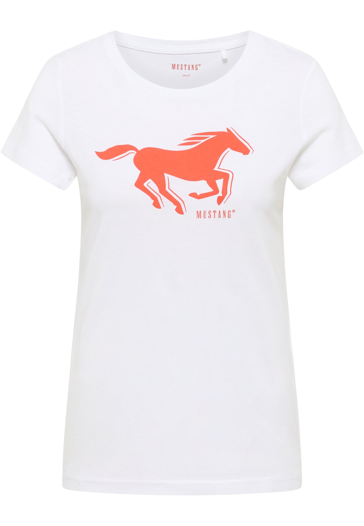 Tricou Slim Loa alb, față, imprimeu mare cu siluetă de cal galopând portocaliu și textul „Mustang”