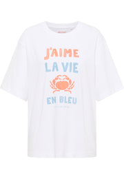 Tricou Welby alb, față, imprimeu „J'aime la vie en bleu” cu ilustrație de crab