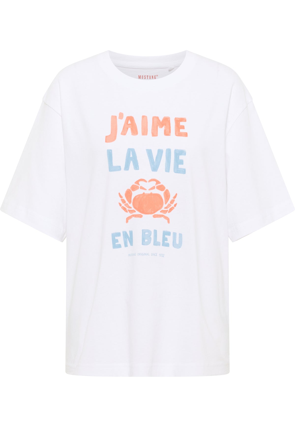 Tricou Welby alb, față, imprimeu „J'aime la vie en bleu” cu ilustrație de crab