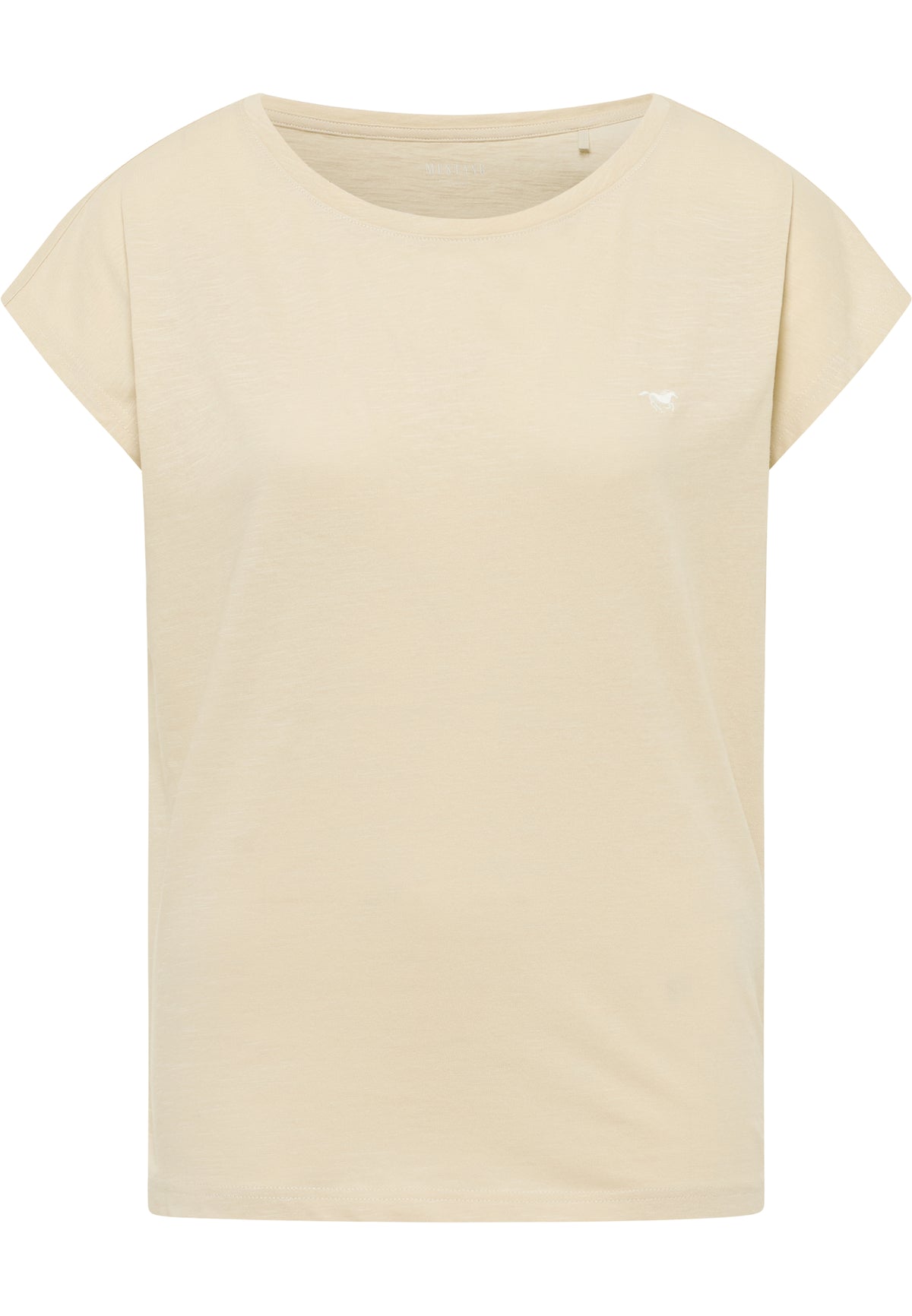 Tricou Relaxed Lesley bej deschis, față, siglă mică brodată pe piept, decolteu rotund larg