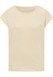 Tricou Relaxed Lesley bej deschis, față, siglă mică brodată pe piept, decolteu rotund larg