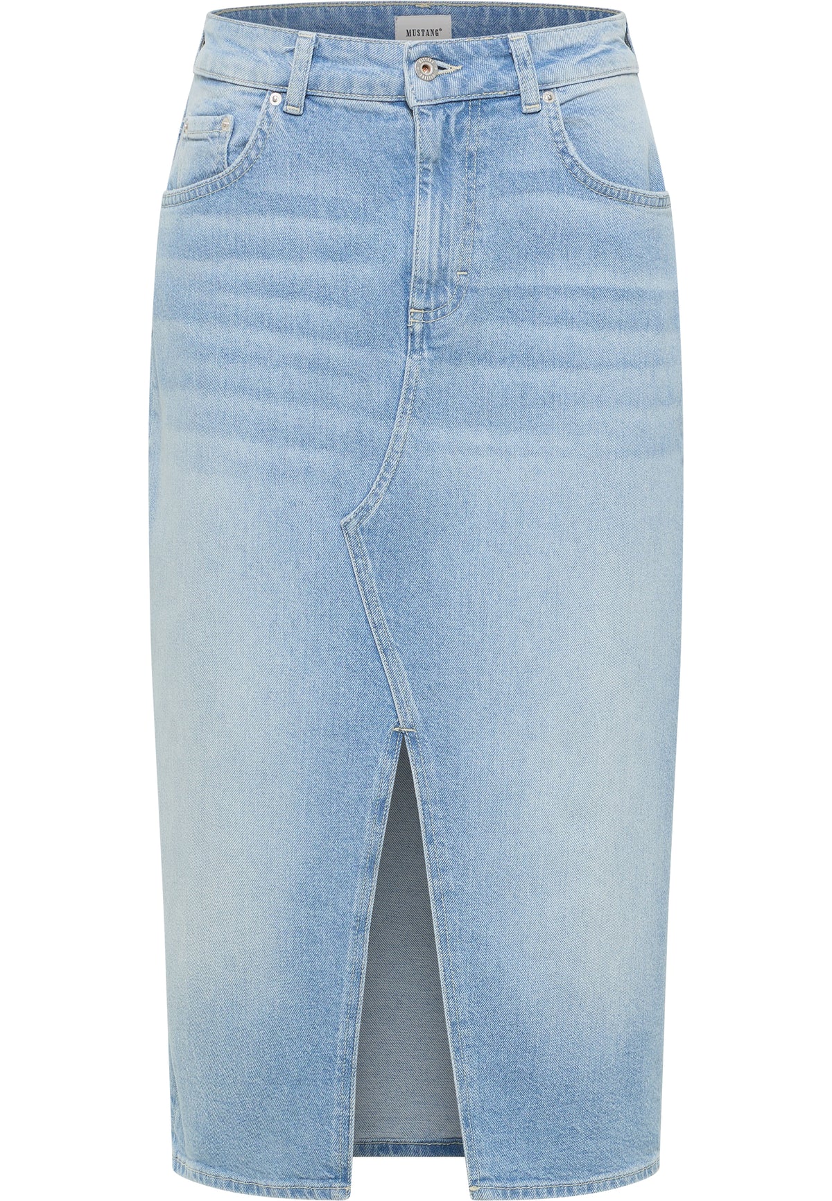 Fustă Eureka Denim albastru deschis, față, fentă frontală la bază și cusătură vizibilă pe mijloc