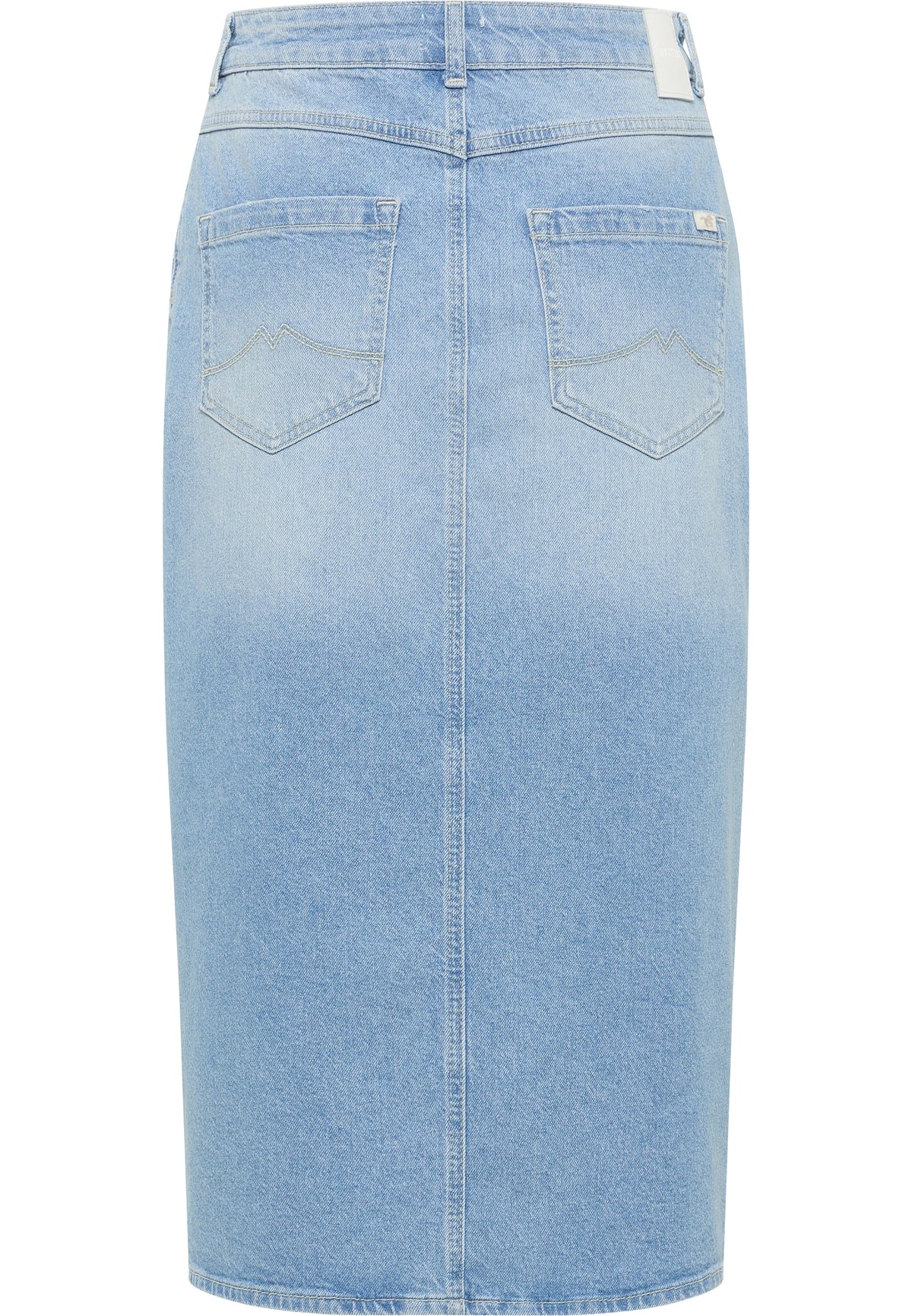 Fustă Eureka Denim albastru deschis, spate, buzunare spate cu cusătură model M și petic alb la betelie