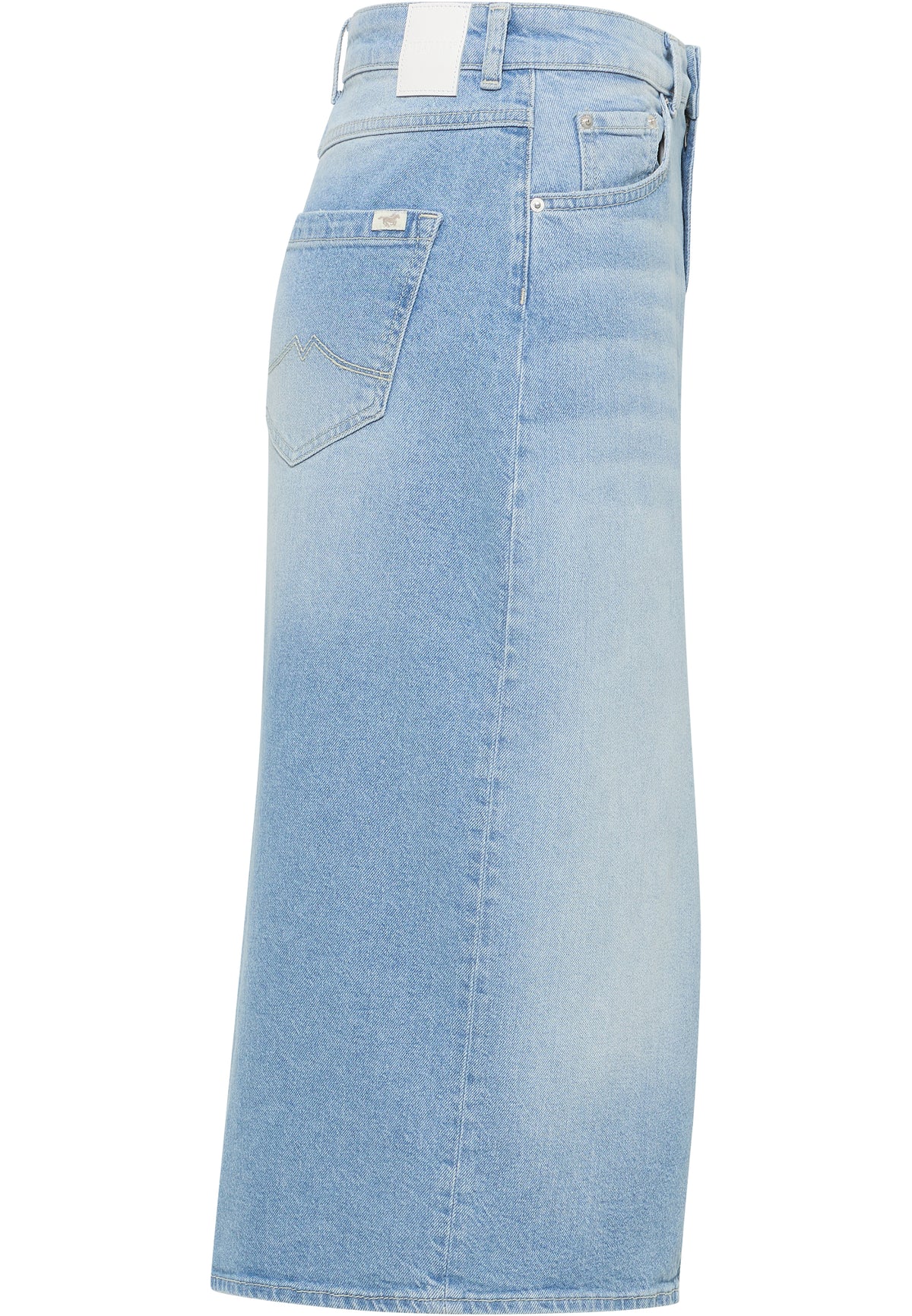 Fustă Eureka Denim albastru deschis, lateral, buzunar lateral cu cusătură model M și petic alb la betelie