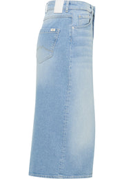 Fustă Eureka Denim albastru deschis, lateral, buzunar lateral cu cusătură model M și petic alb la betelie