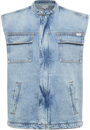 Vestă Largă Kay Denim albastru, față, buzunare cu clapetă la piept și fente verticale la șold