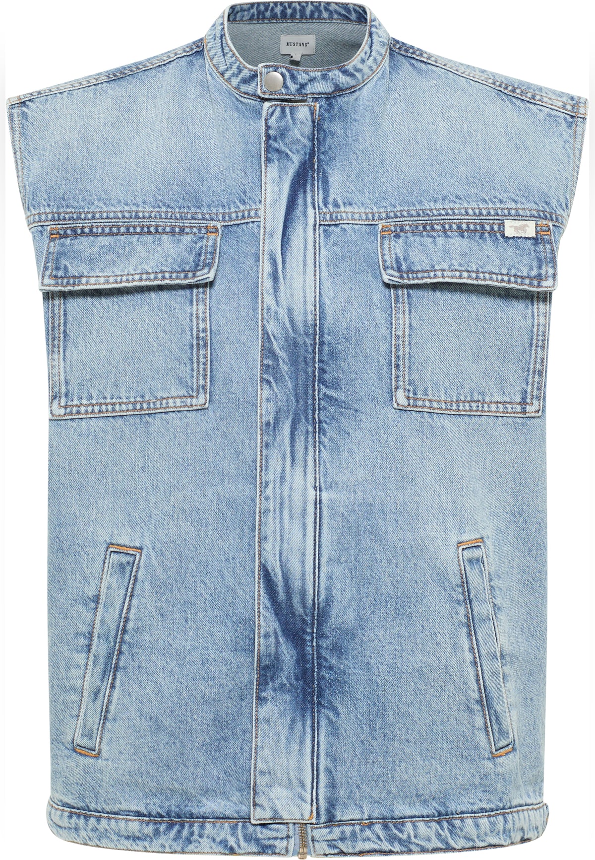 Vestă Largă Kay Denim albastru, față, buzunare cu clapetă la piept și fente verticale la șold