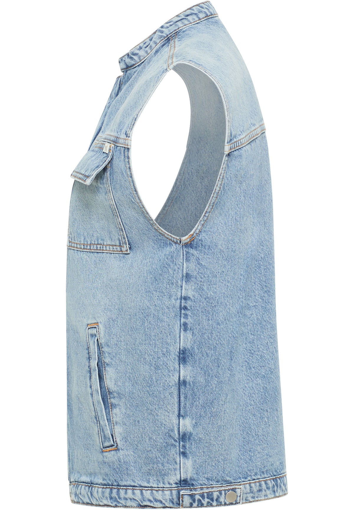 Vestă Largă Kay Denim albastru, lateral, guler tunică și buzunar cu clapetă