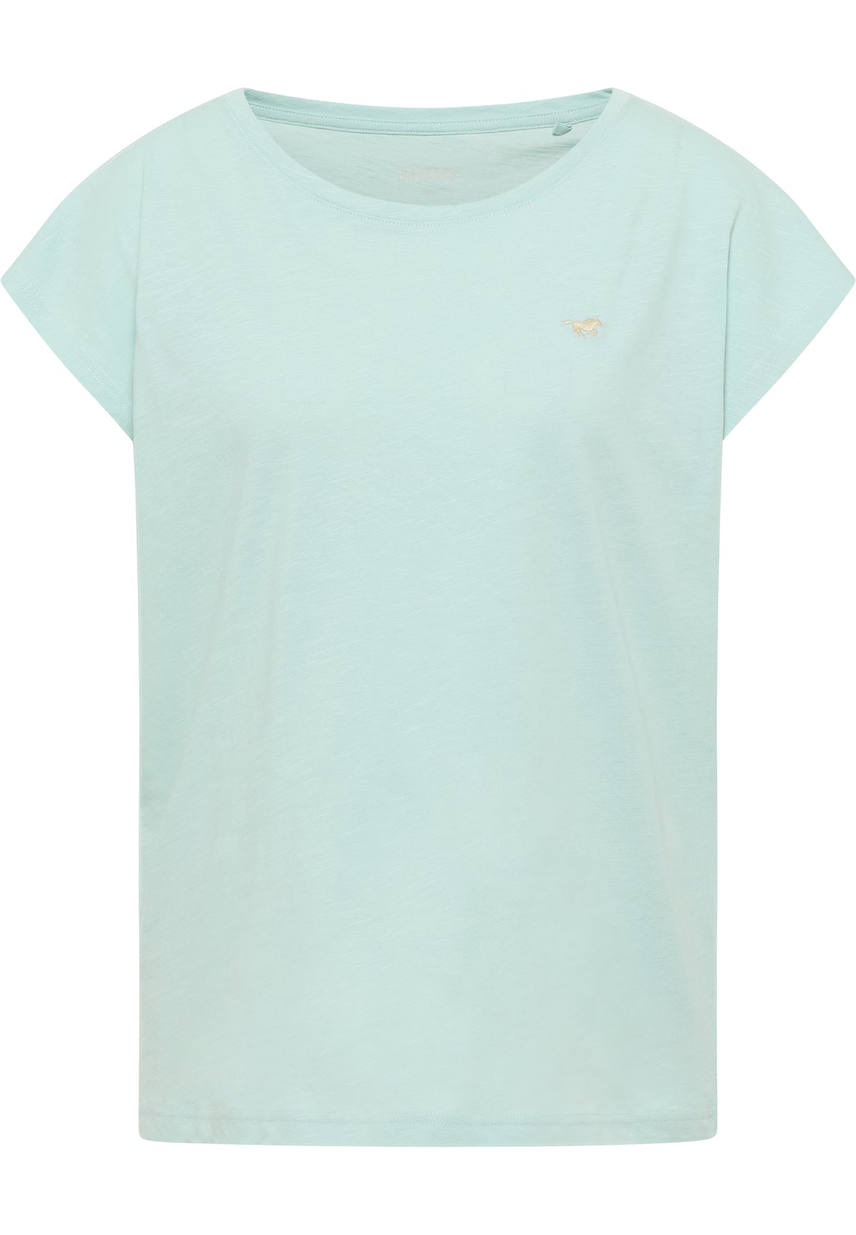 Tricou Relaxed Lesley verde-albăstrui pal, față, siglă mică brodată pe piept, decolteu rotund