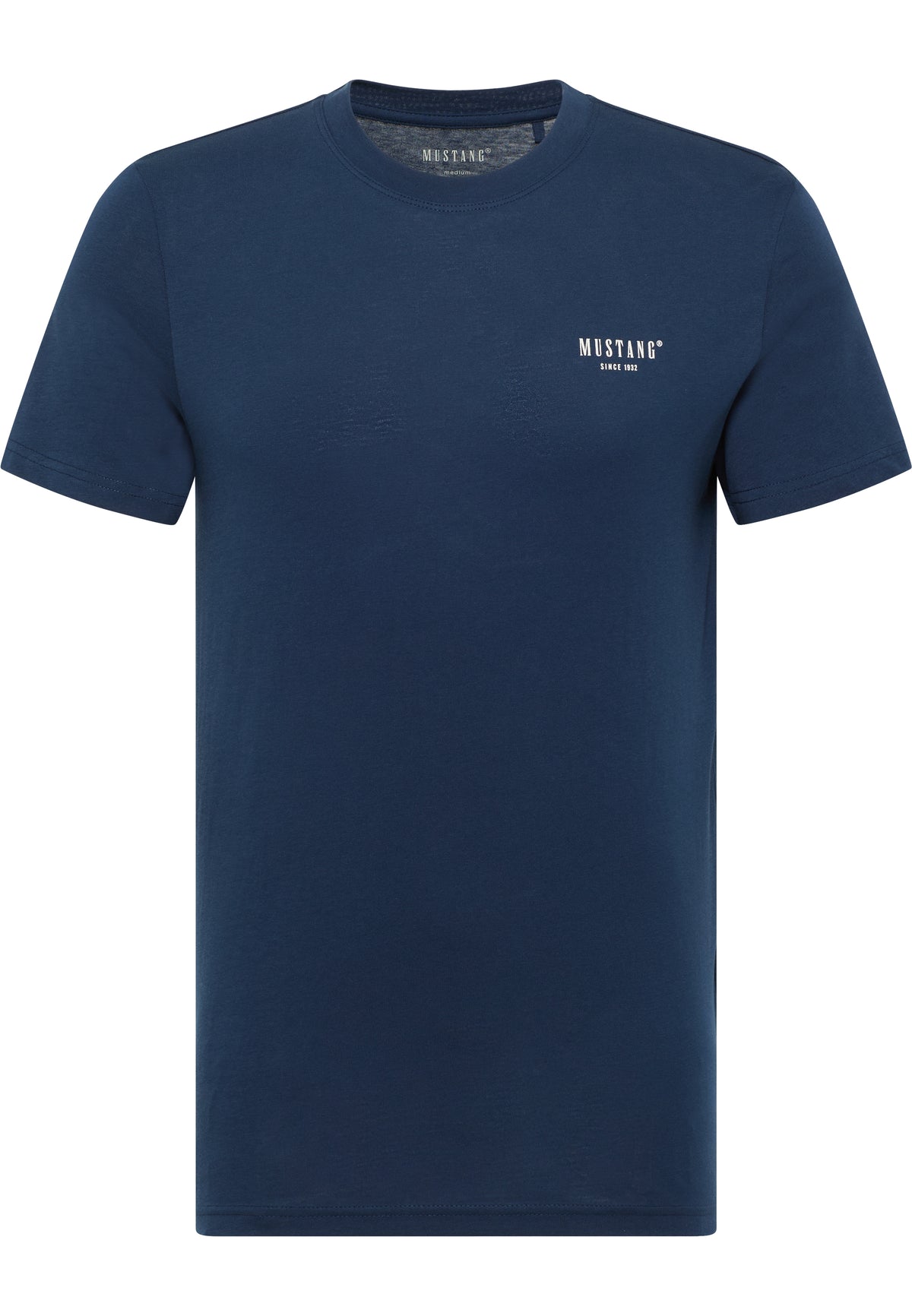 Tricou Austin albastru închis, față, așezat plat, imprimeu mic cu Mustang since 1932 pe piept