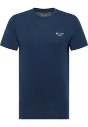 Tricou Austin albastru închis, față, așezat plat, imprimeu mic cu Mustang since 1932 pe piept