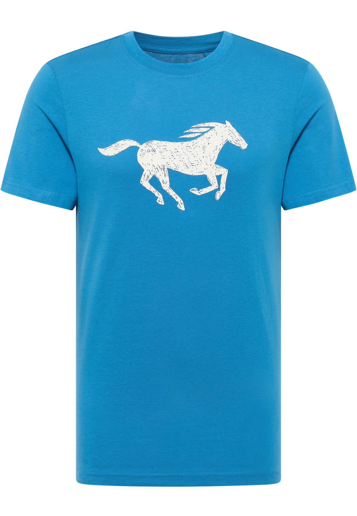 Tricou Austin albastru turcoaz, față, așezat plat, imprimeu mare cu un cal în galop pe piept