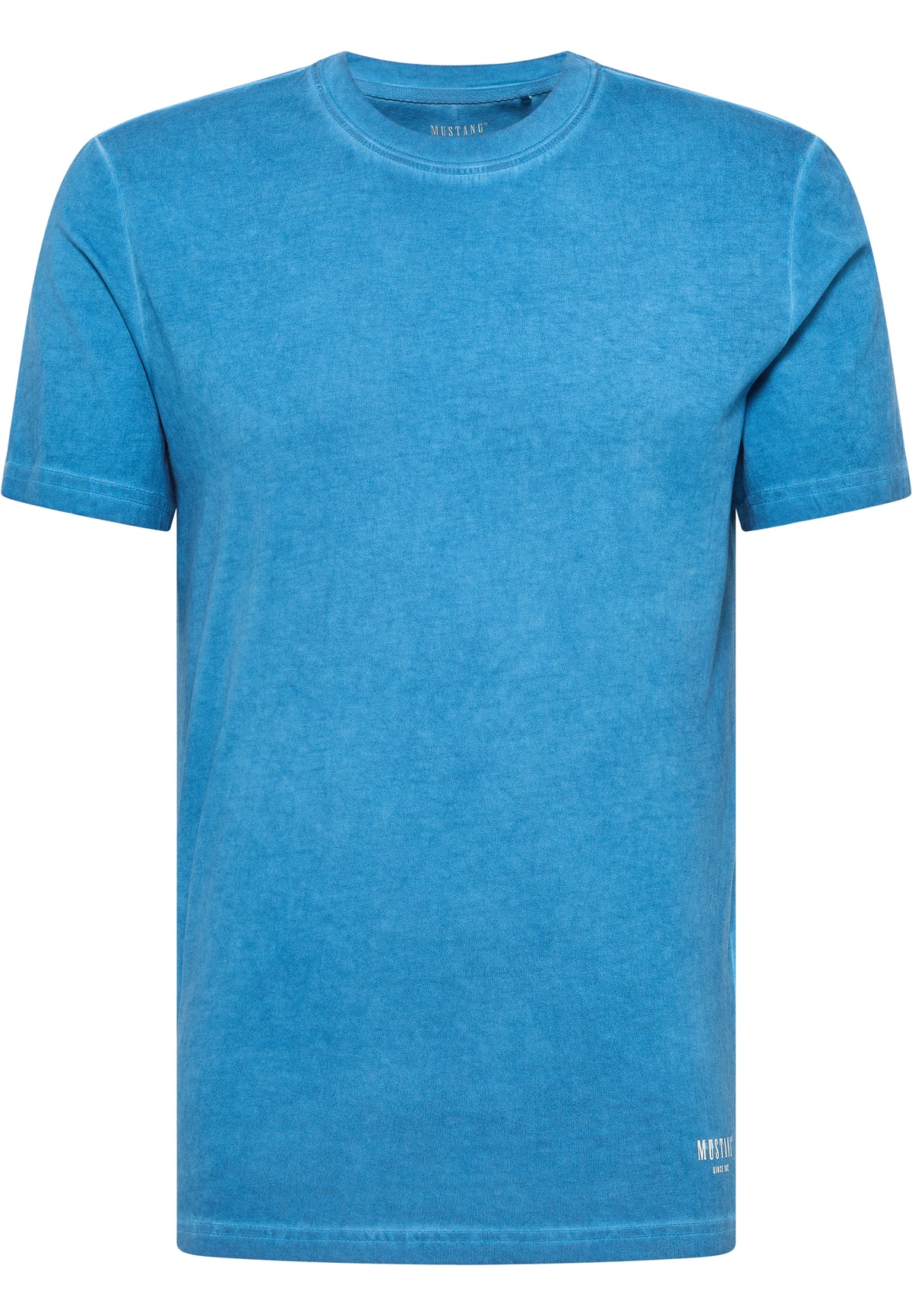 Tricou Austin albastru deschis, față, textură decolorată vizibilă, plan apropiat