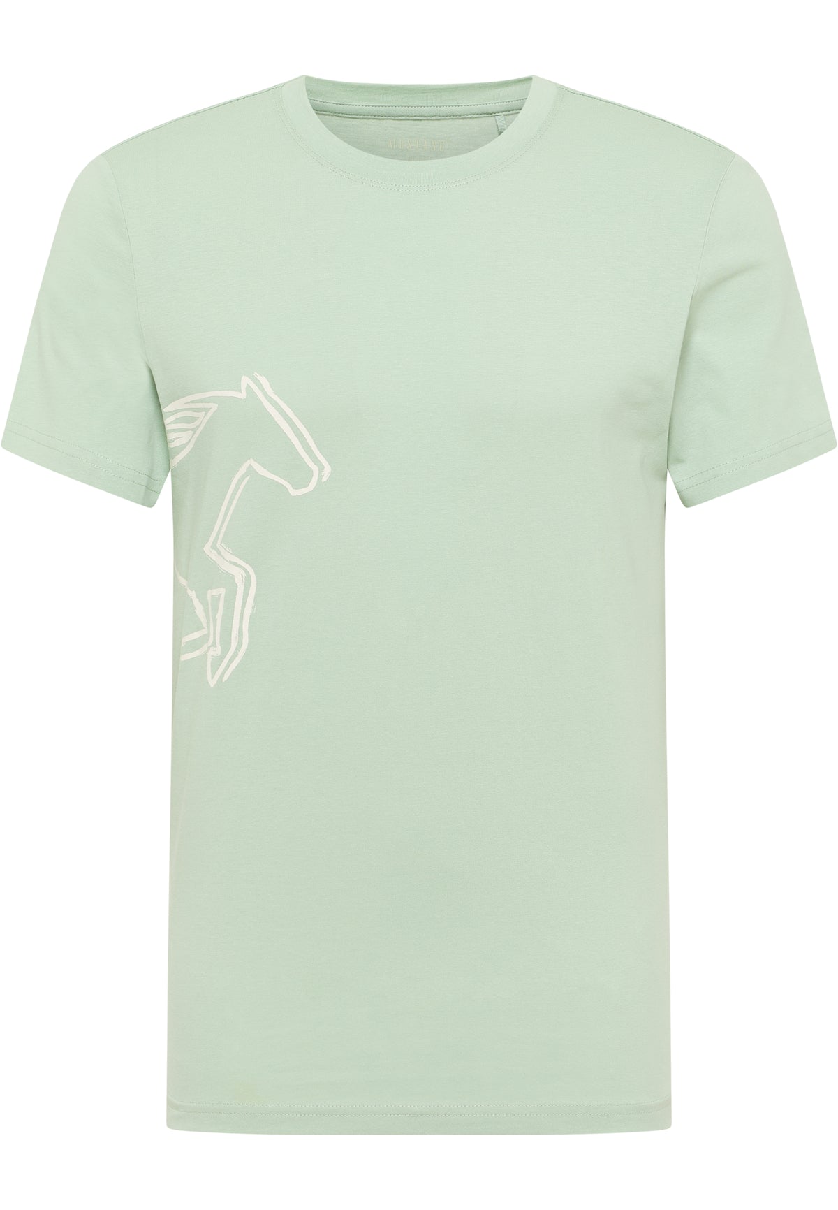 Tricou Austin verde deschis, față, imprimeu alb cu contur de cal în poziție de cabrare pe piept