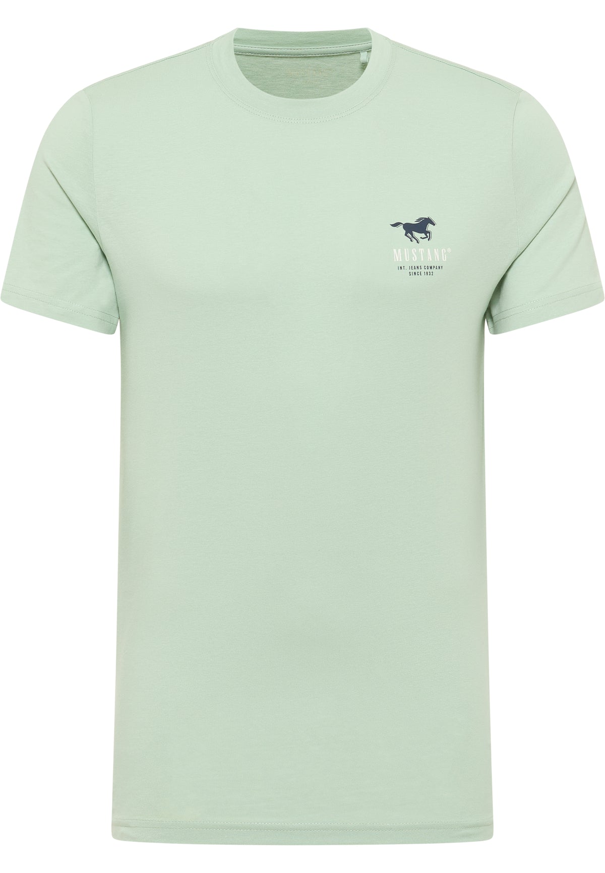 Tricou Austin verde deschis, față, siglă mică pe piept cu cal alergând și textul „Mustang, Int. Jeans Company Since 1932”