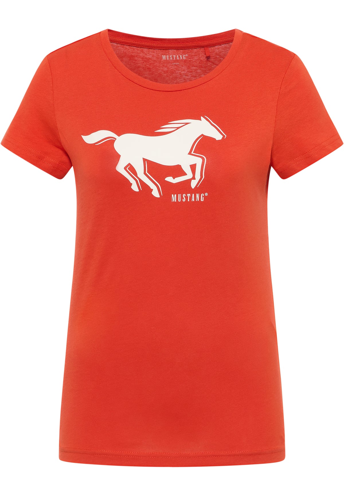 Tricou Slim Loa portocaliu, față, imprimeu mare cu siluetă de cal galopând alb și textul „Mustang”
