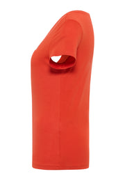 Tricou Slim Loa portocaliu, lateral, croi mulat pe corp, se vede marginea imprimeului de pe piept