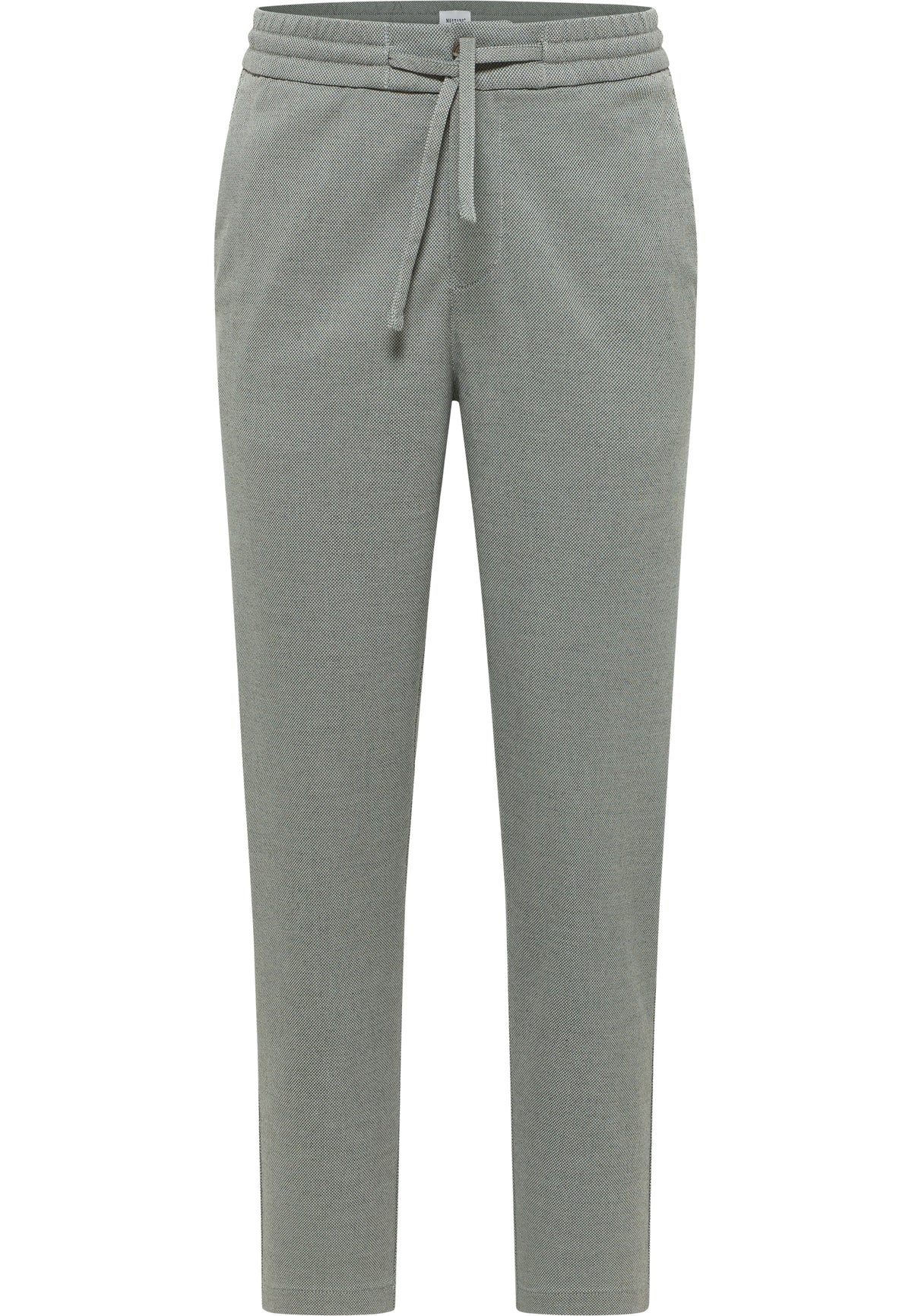 Pantaloni Milano Jogger gri melanj, față, betelie elastică cu șnur și buzunare oblice