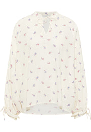 Cămașă Largă Bellflower crem, față, imprimeu paisley multicolor, decolteu cu șnur de legat
