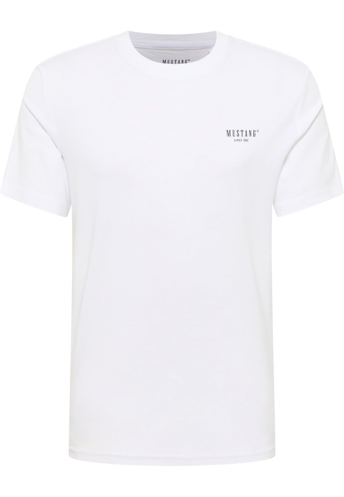 Tricou Austin alb, față, logo text „Mustang since 1932” mic pe piept