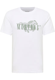 Tricou Austin alb, față, imprimeu mare cu cal și cuvântul „Mustang” pe piept