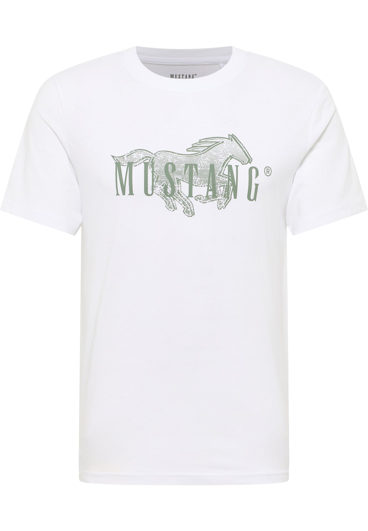 Tricou Austin alb, față, imprimeu mare cu cal și cuvântul „Mustang” pe piept