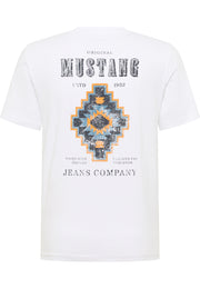 Tricou Austin alb, spate, imprimeu mare cu motiv aztec și inscripția Mustang Jeans Company