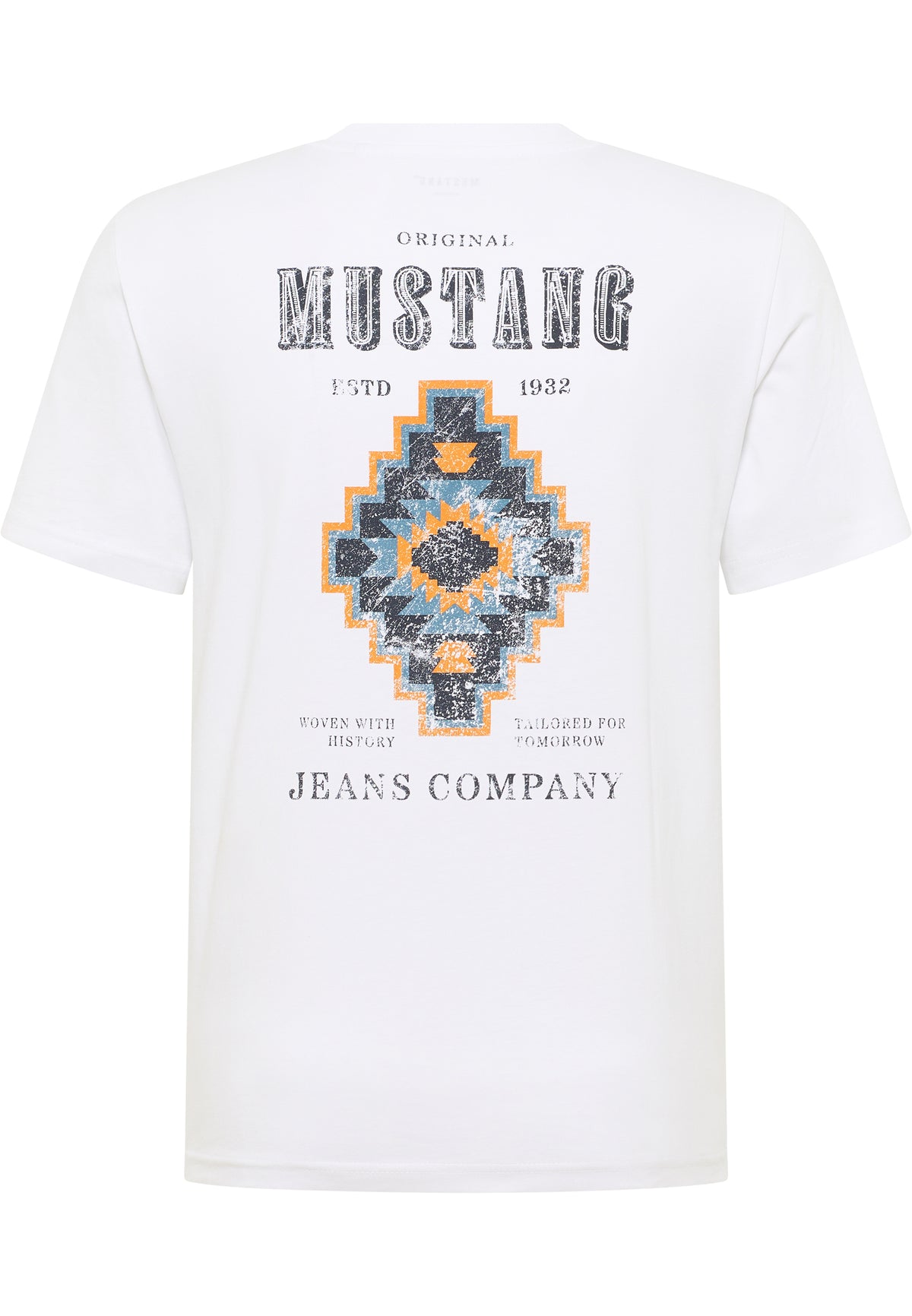 Tricou Austin alb, spate, imprimeu mare cu motiv aztec și inscripția Mustang Jeans Company